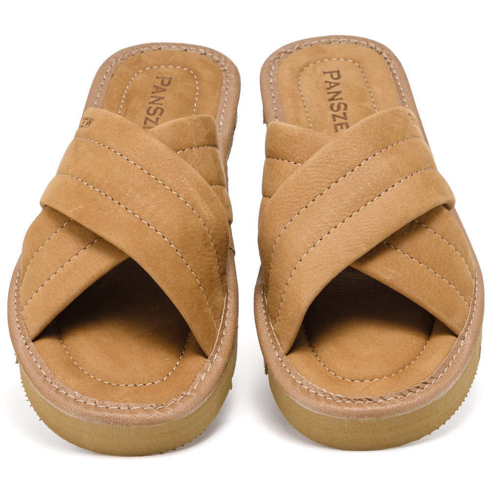 Klapki Damskie Skórzane z Nubuku Kapcie Camel Premium CROSSLINE PanSzew®