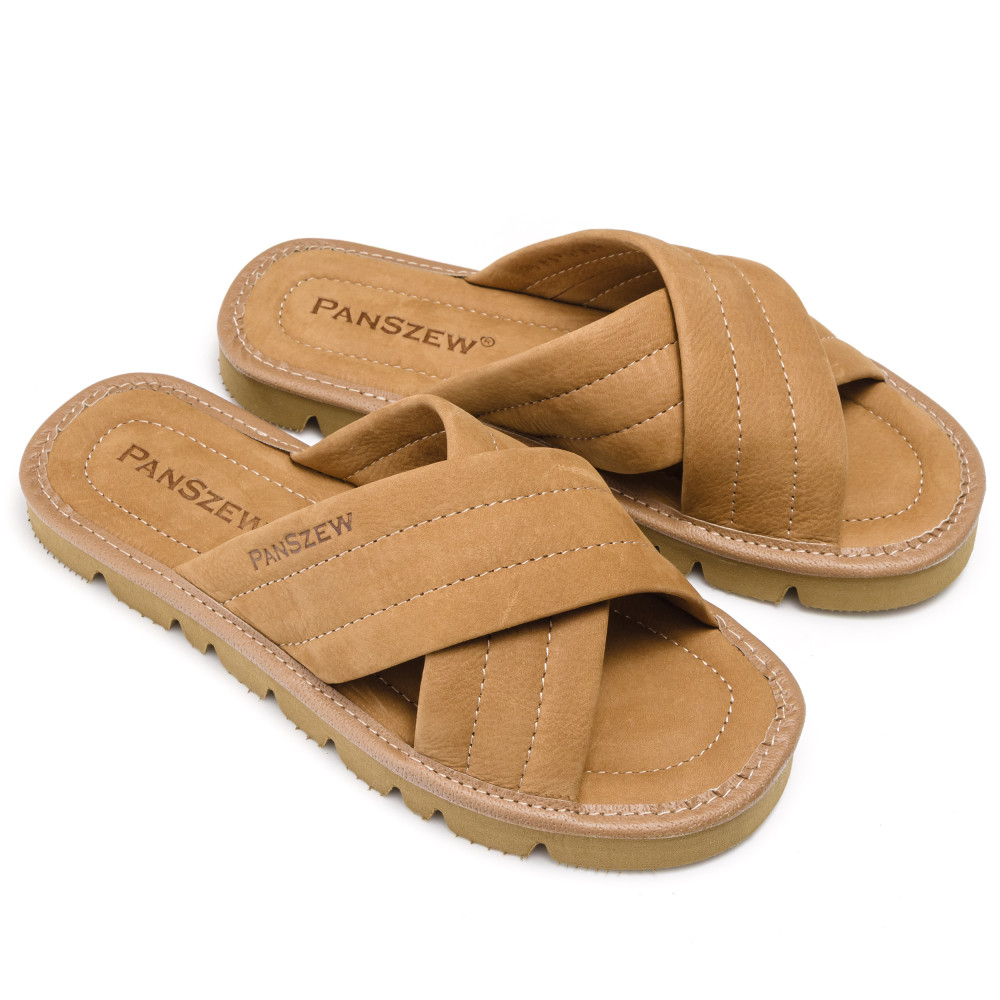 Klapki Damskie Skórzane z Nubuku Kapcie Camel Premium CROSSLINE PanSzew®
