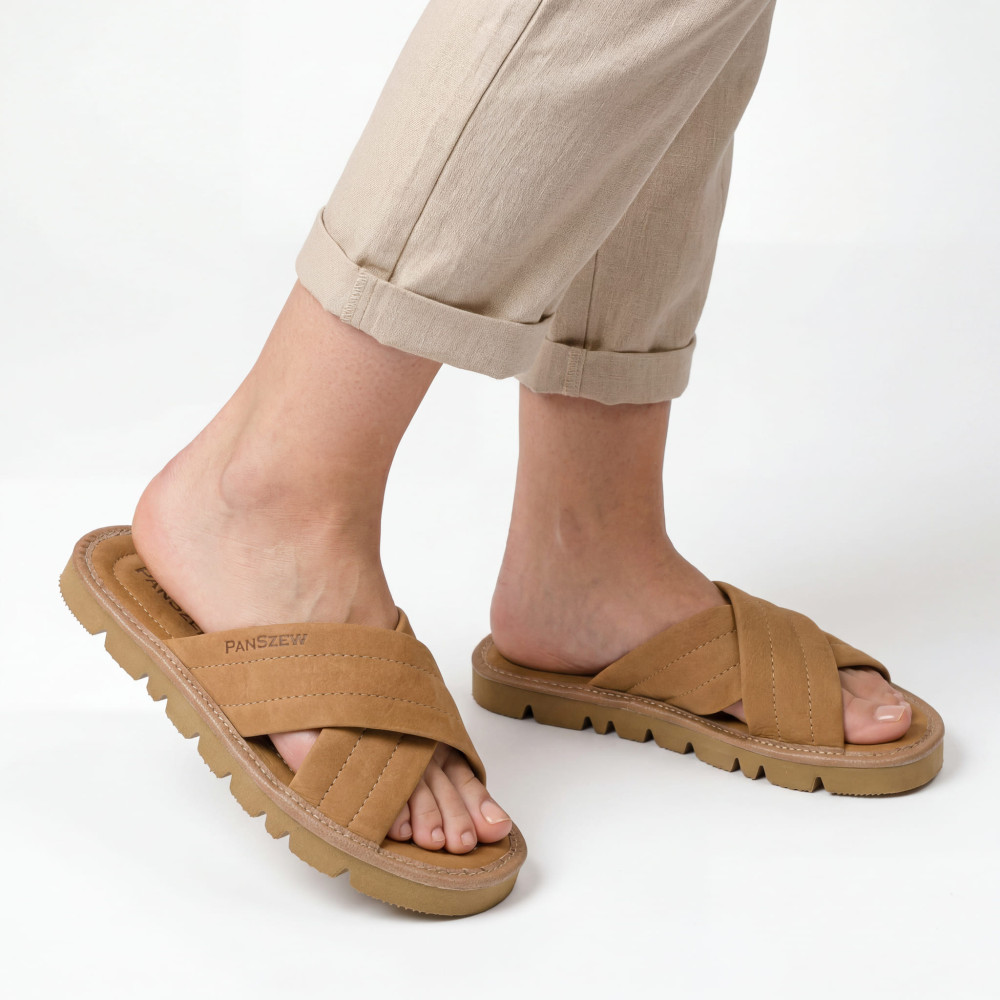 Klapki Damskie Skórzane z Nubuku Kapcie Camel Premium CROSSLINE PanSzew®