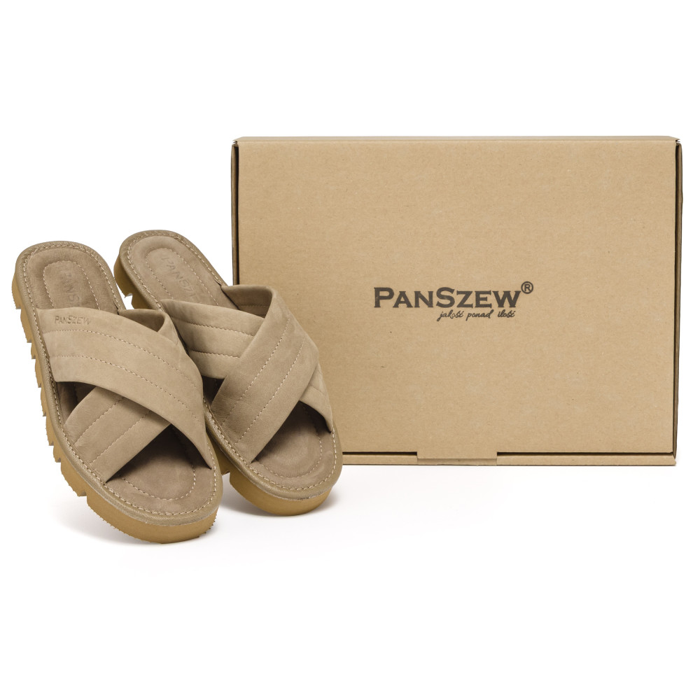 Klapki Damskie Skórzane z Nubuku Kapcie Taupe Premium CROSSLINE PanSzew®