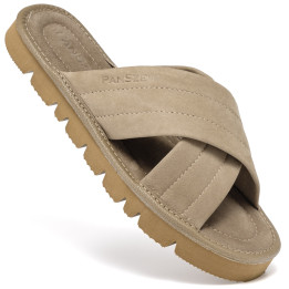 Klapki Damskie Skórzane z Nubuku Kapcie Taupe Premium CROSSLINE PanSzew®