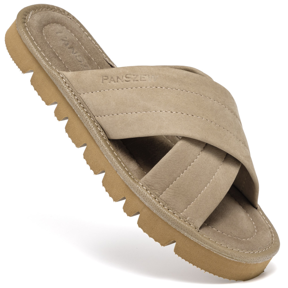 Klapki Damskie Skórzane z Nubuku Kapcie Taupe Premium CROSSLINE PanSzew®