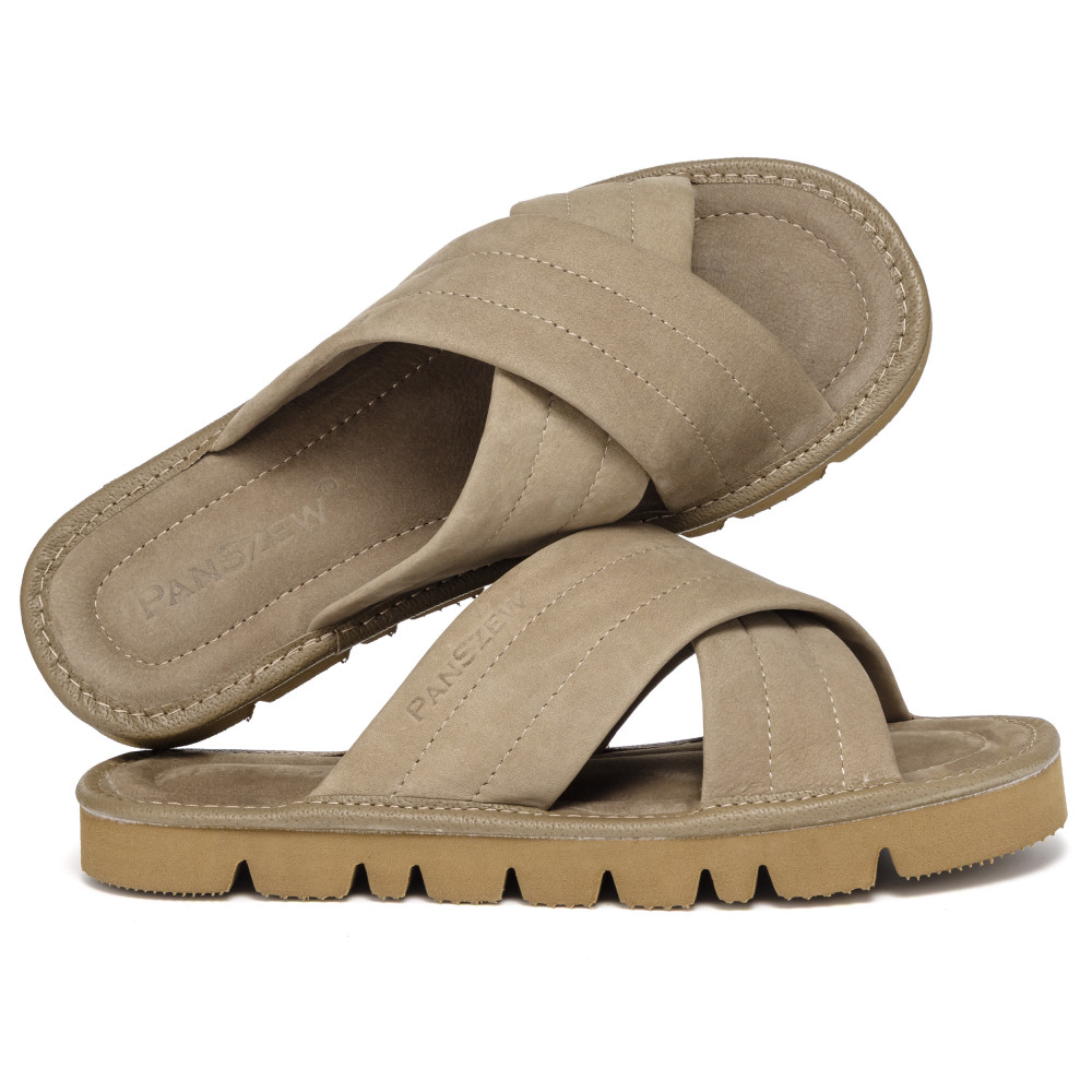 Klapki Damskie Skórzane z Nubuku Kapcie Taupe Premium CROSSLINE PanSzew®