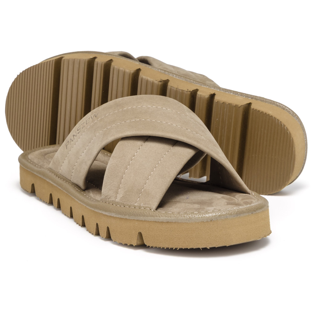 Klapki Damskie Skórzane z Nubuku Kapcie Taupe Premium CROSSLINE PanSzew®