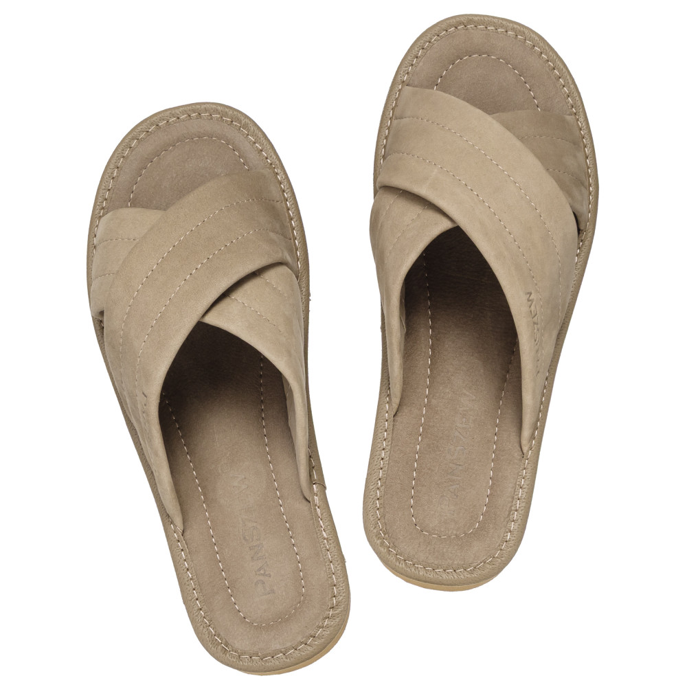 Klapki Damskie Skórzane z Nubuku Kapcie Taupe Premium CROSSLINE PanSzew®