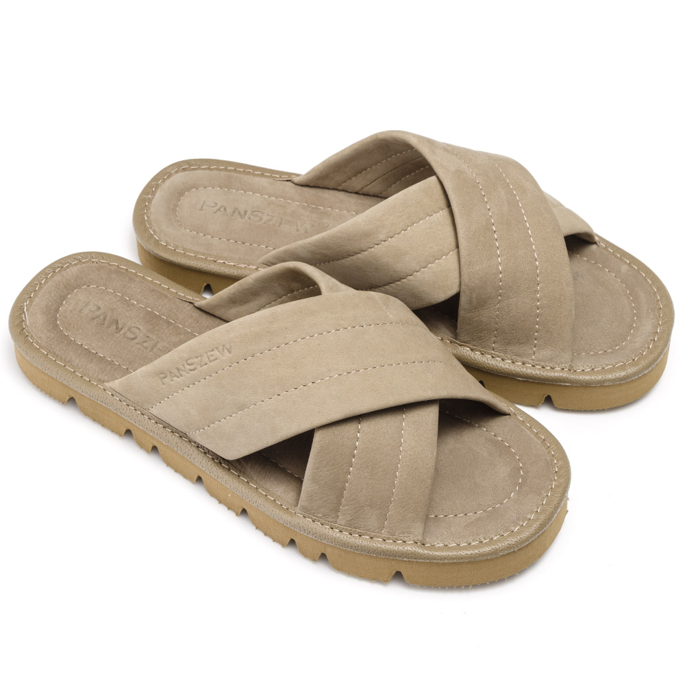 Klapki Damskie Skórzane z Nubuku Kapcie Taupe Premium CROSSLINE PanSzew®