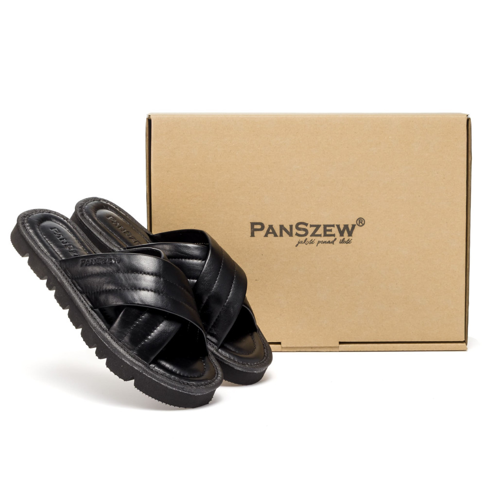 Klapki Damskie Skórzane Kapcie Czarne Premium CROSSLINE PanSzew®