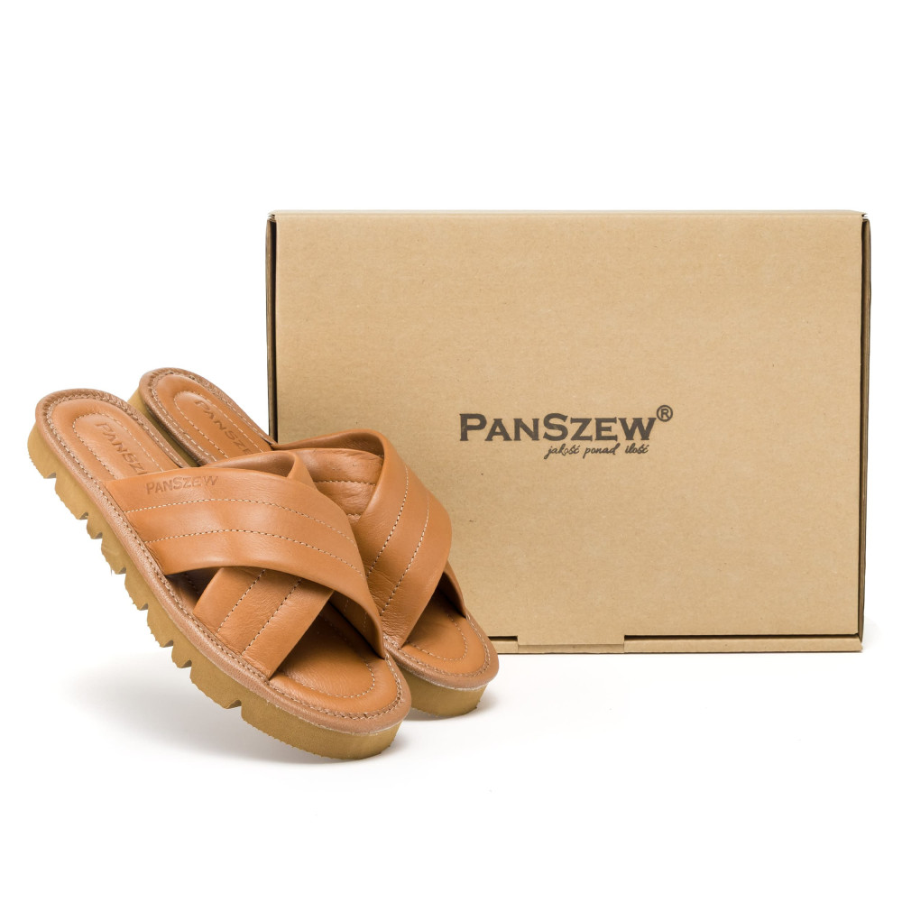 Klapki Damskie Skórzane Kapcie Camel Premium CROSSLINE PanSzew®