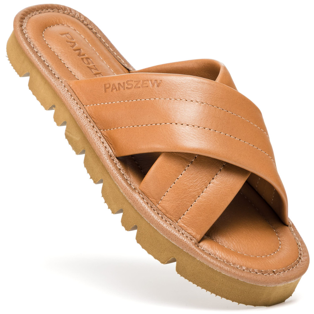 Klapki Damskie Skórzane Kapcie Camel Premium CROSSLINE PanSzew®