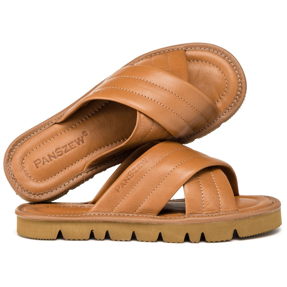 Klapki Damskie Skórzane Kapcie Camel Premium CROSSLINE PanSzew®