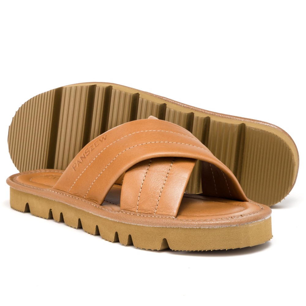 Klapki Damskie Skórzane Kapcie Camel Premium CROSSLINE PanSzew®