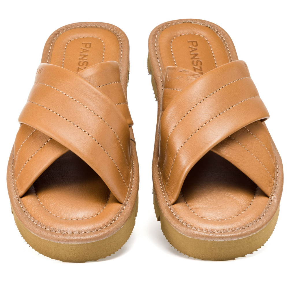 Klapki Damskie Skórzane Kapcie Camel Premium CROSSLINE PanSzew®