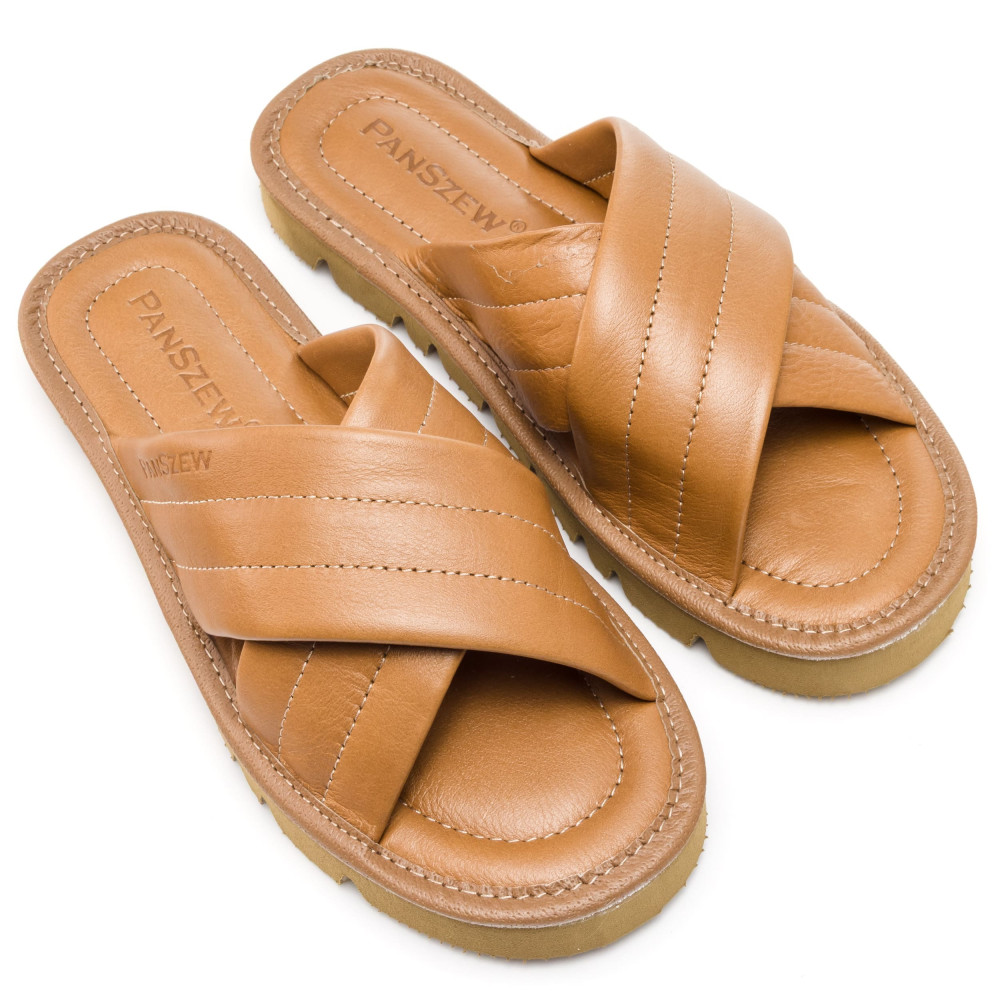 Klapki Damskie Skórzane Kapcie Camel Premium CROSSLINE PanSzew®