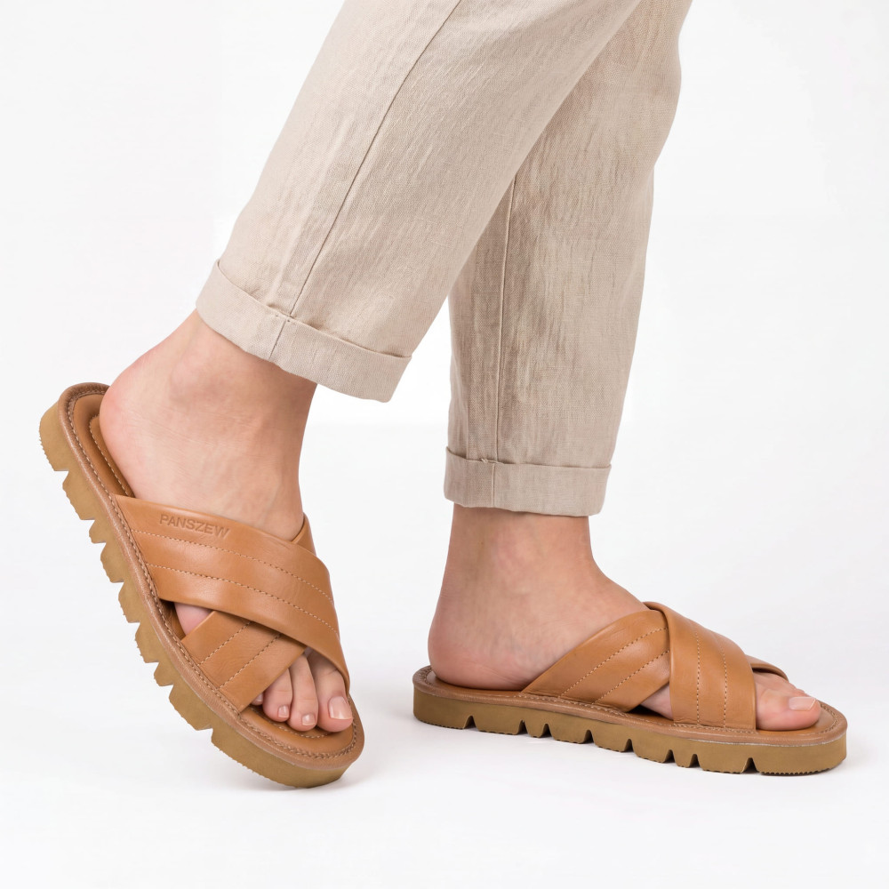 Klapki Damskie Skórzane Kapcie Camel Premium CROSSLINE PanSzew®