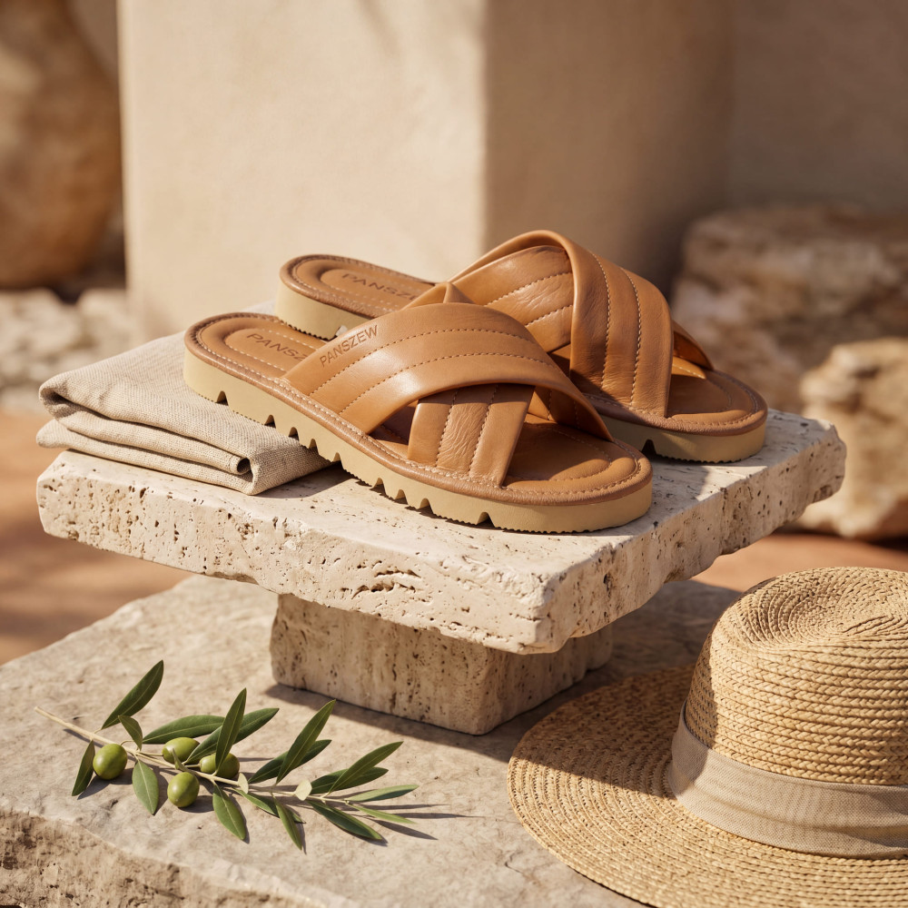Klapki Damskie Skórzane Kapcie Camel Premium CROSSLINE PanSzew®
