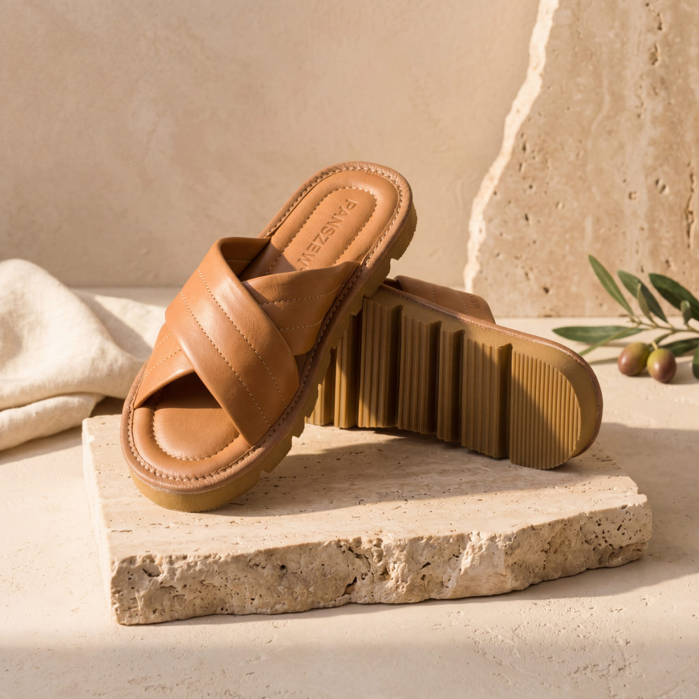 Klapki Damskie Skórzane Kapcie Camel Premium CROSSLINE PanSzew®