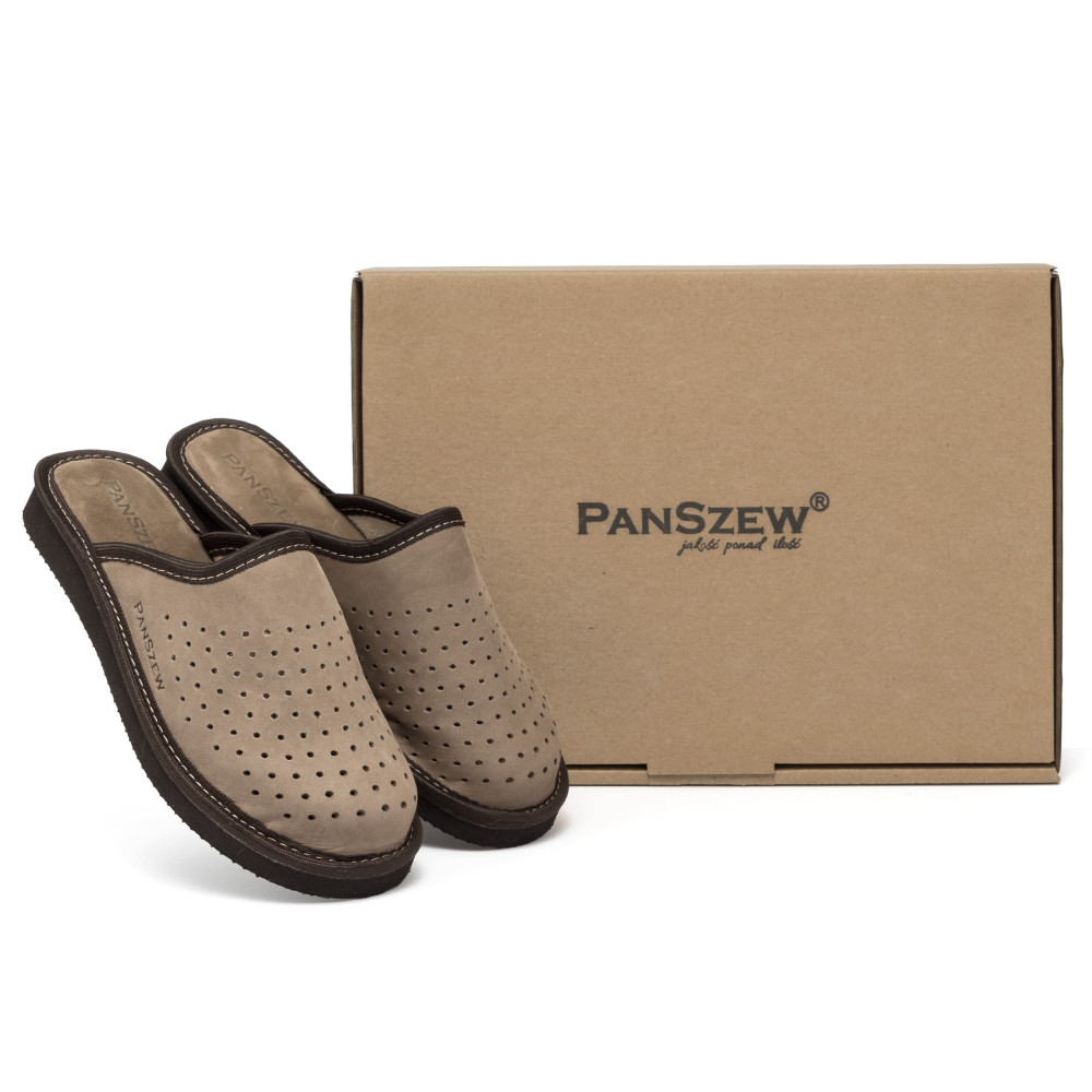 Kapcie Damskie Skórzane z Nubuku VENTLINE Taupe | PanSzew®