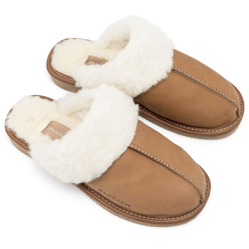 Ciepłe Kapcie Damskie Skórzane Bambosze ALPINLINE Camel | PanSzew®