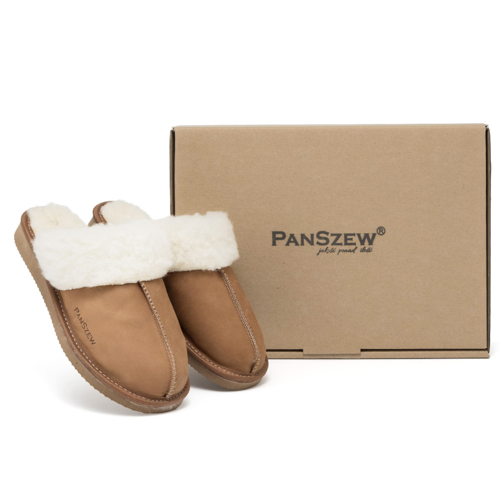 Ciepłe Kapcie Damskie Skórzane Bambosze ALPINLINE Camel | PanSzew®