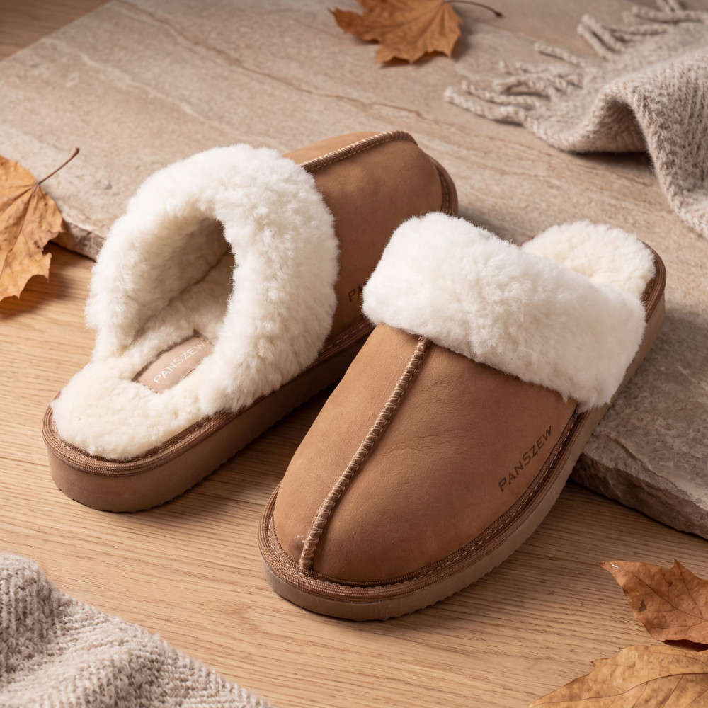 Ciepłe Kapcie Damskie Skórzane Bambosze ALPINLINE Camel | PanSzew®