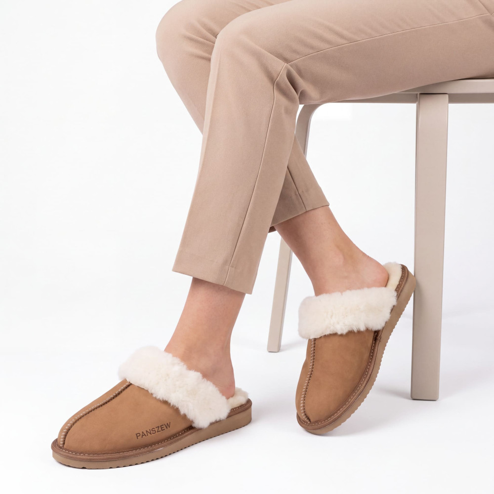 Ciepłe Kapcie Damskie Skórzane Bambosze ALPINLINE Camel | PanSzew®