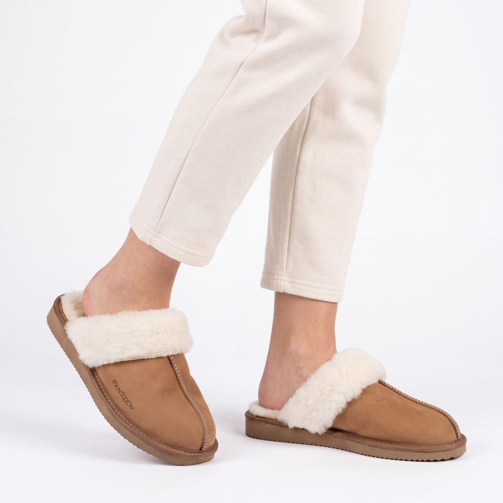 Ciepłe Kapcie Damskie Skórzane Bambosze ALPINLINE Camel | PanSzew®