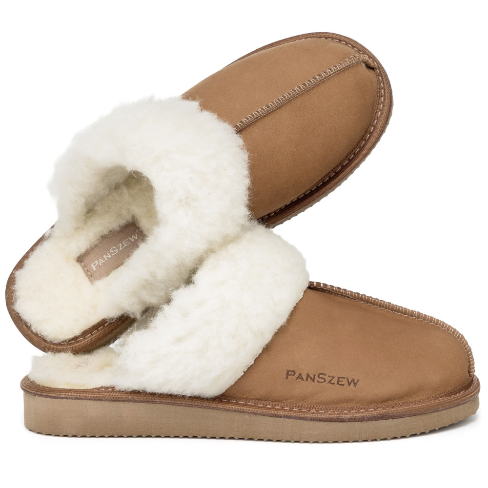 Ciepłe Kapcie Damskie Skórzane Bambosze ALPINLINE Camel | PanSzew®