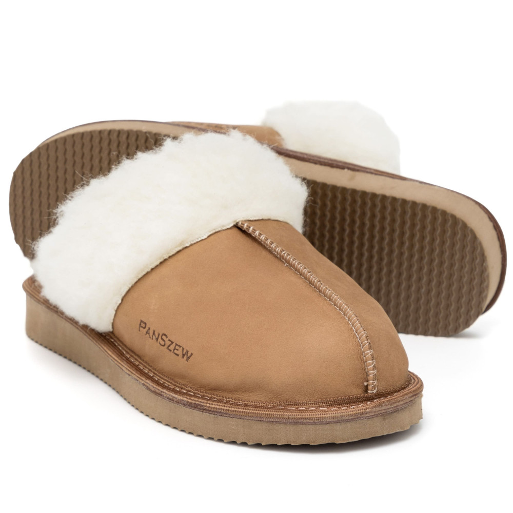 Ciepłe Kapcie Damskie Skórzane Bambosze ALPINLINE Camel | PanSzew®