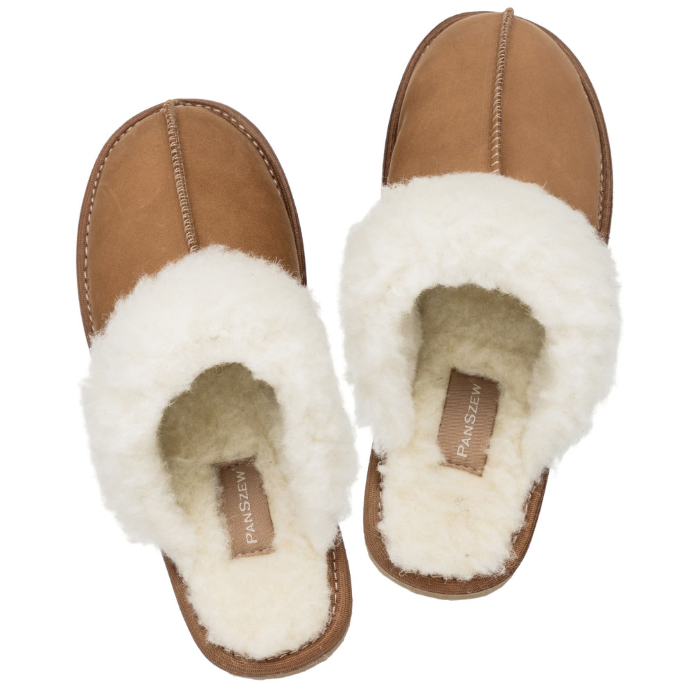 Ciepłe Kapcie Damskie Skórzane Bambosze ALPINLINE Camel | PanSzew®