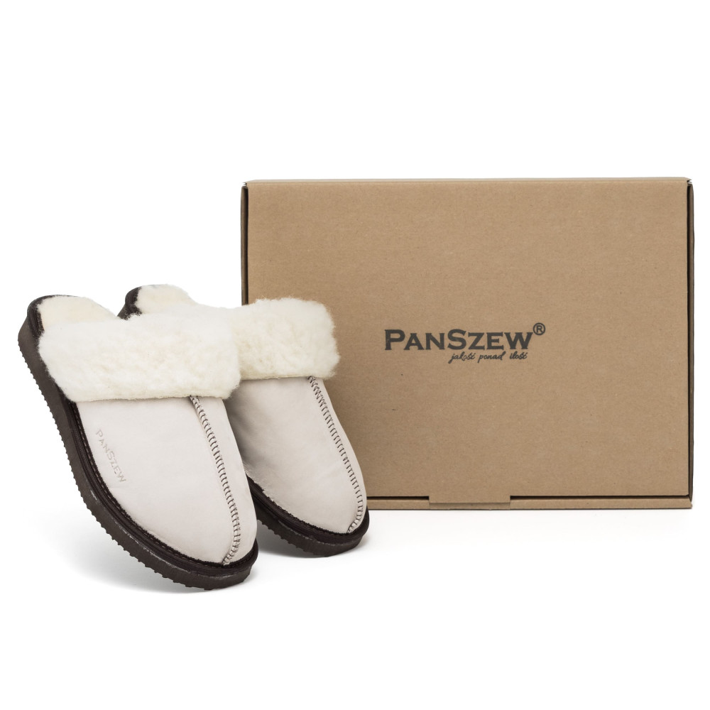 Ciepłe Kapcie Damskie Skórzane Bambosze ALPINLINE Ecru | PanSzew®