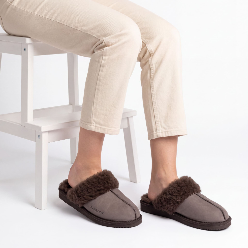Ciepłe Kapcie Damskie Skórzane Bambosze ALPINLINE Mocha | PanSzew®
