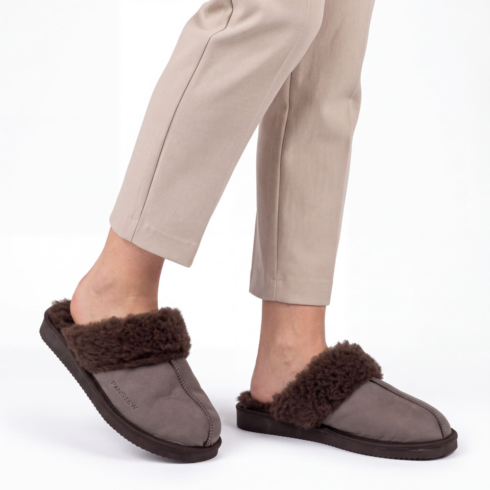 Ciepłe Kapcie Damskie Skórzane Bambosze ALPINLINE Mocha | PanSzew®