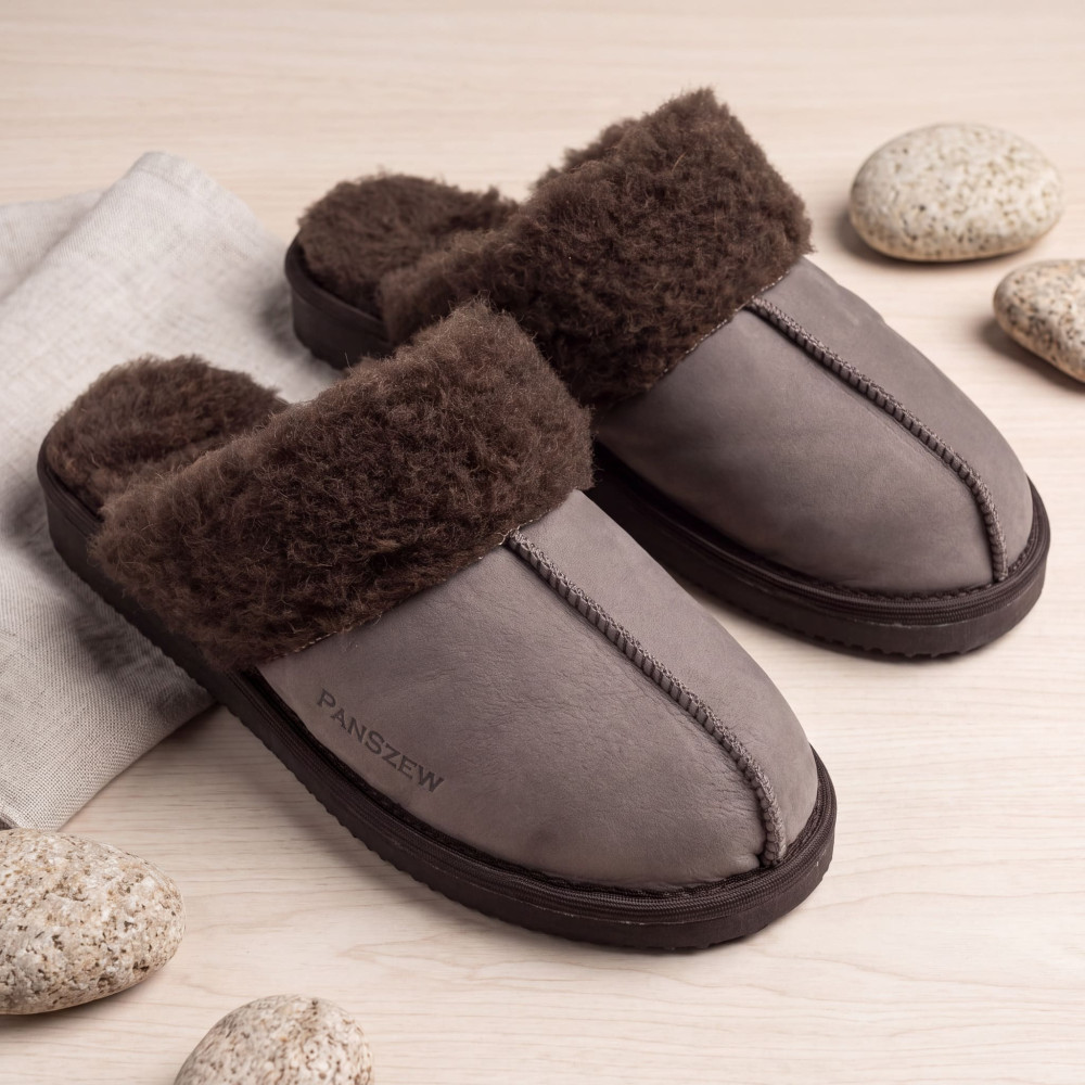 Ciepłe Kapcie Damskie Skórzane Bambosze ALPINLINE Mocha | PanSzew®