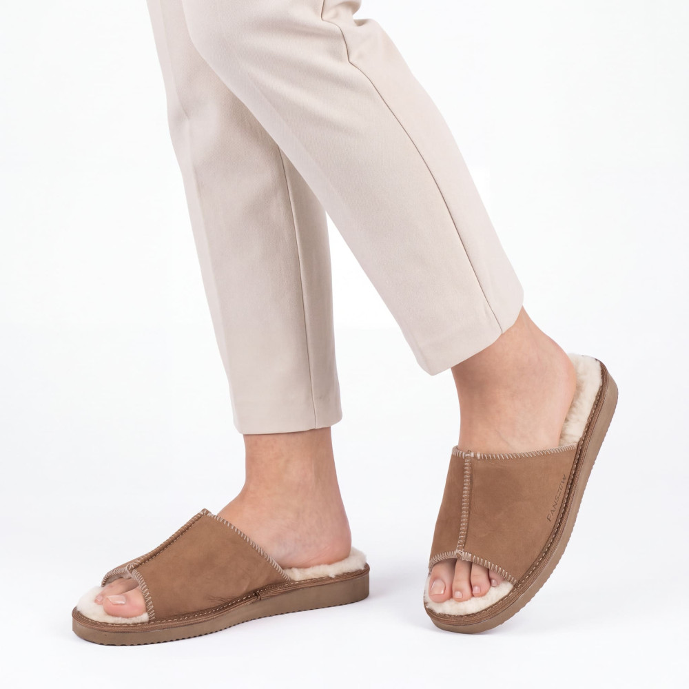 Ciepłe Kapcie Damskie Skórzane SEMILINE Camel | PanSzew®