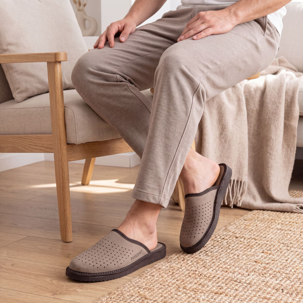 Kapcie Męskie Skórzane VENTLINE Taupe – Nubuk | PanSzew®