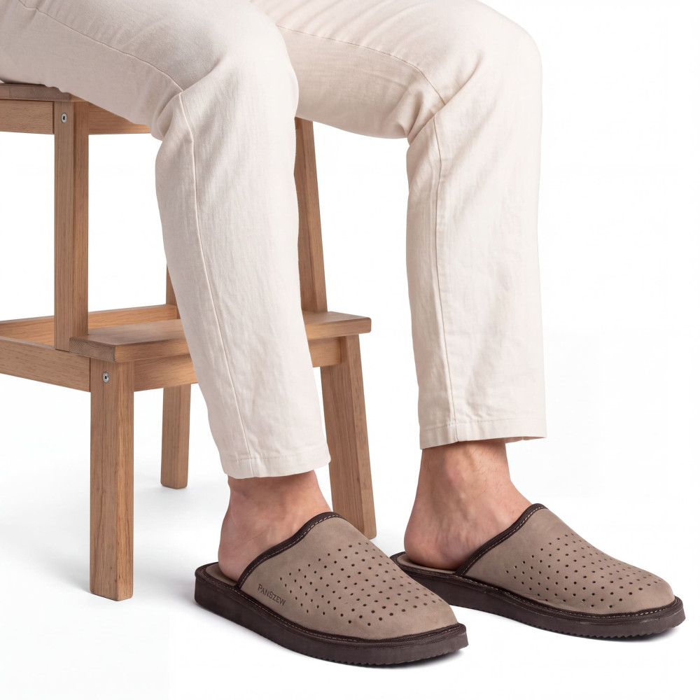Kapcie Męskie Skórzane VENTLINE Taupe – Nubuk | PanSzew®