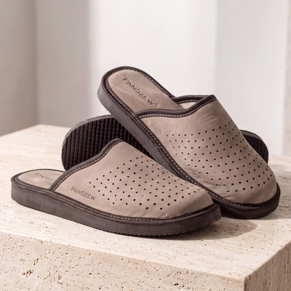 Kapcie Męskie Skórzane VENTLINE Taupe – Nubuk | PanSzew®