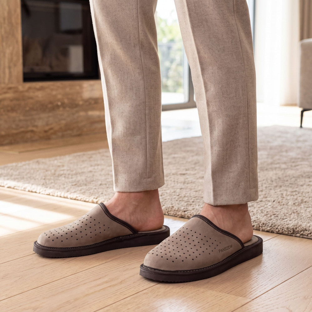 Kapcie Męskie Skórzane VENTLINE Taupe – Nubuk | PanSzew®