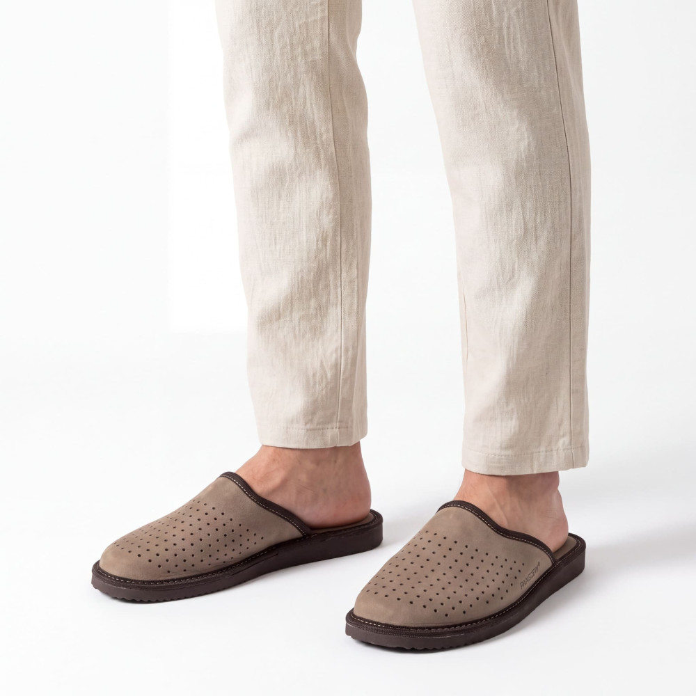 Kapcie Męskie Skórzane VENTLINE Taupe – Nubuk | PanSzew®