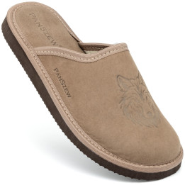 Kapcie Męskie Skórzane WILDLINE Taupe Tłoczony Wilk | PanSzew®