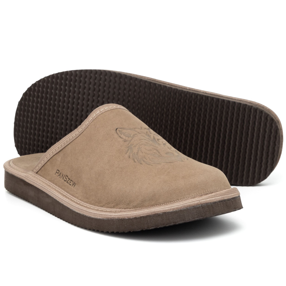 Kapcie Męskie Skórzane WILDLINE Taupe Tłoczony Wilk | PanSzew®