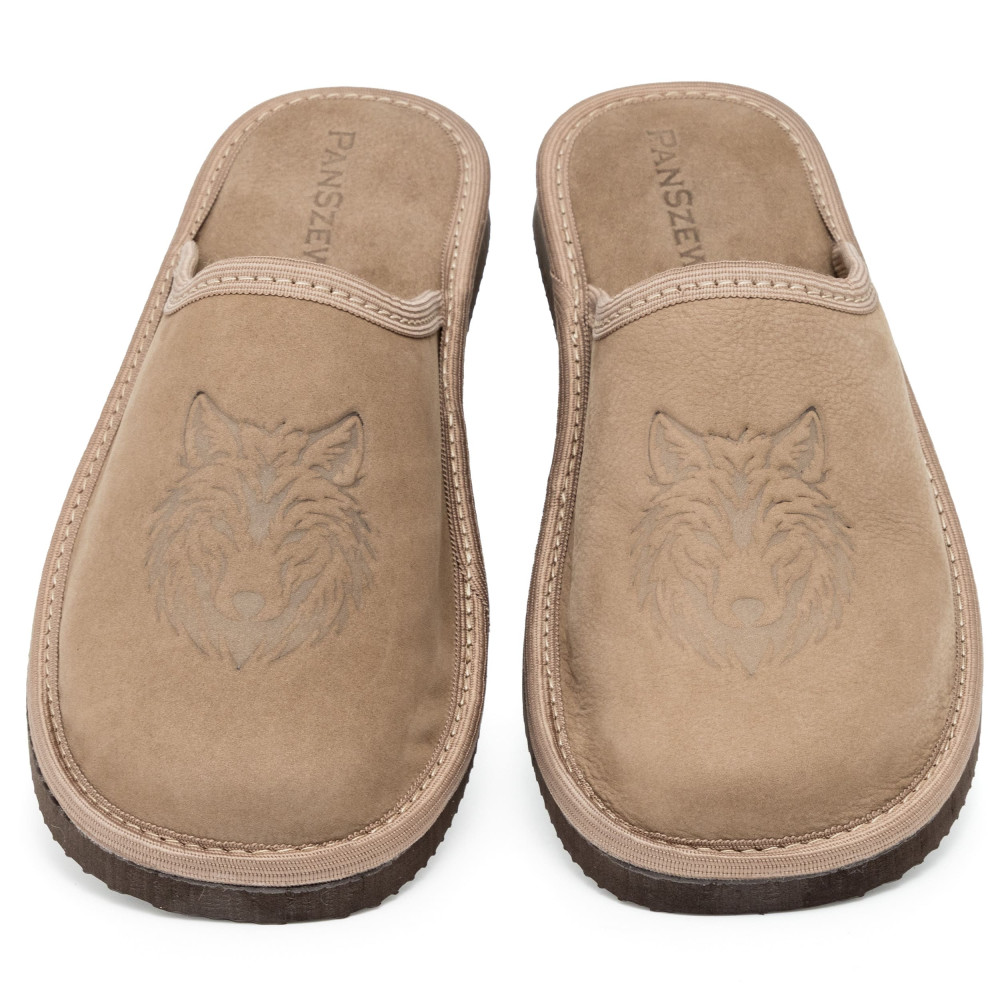 Kapcie Męskie Skórzane WILDLINE Taupe Tłoczony Wilk | PanSzew®