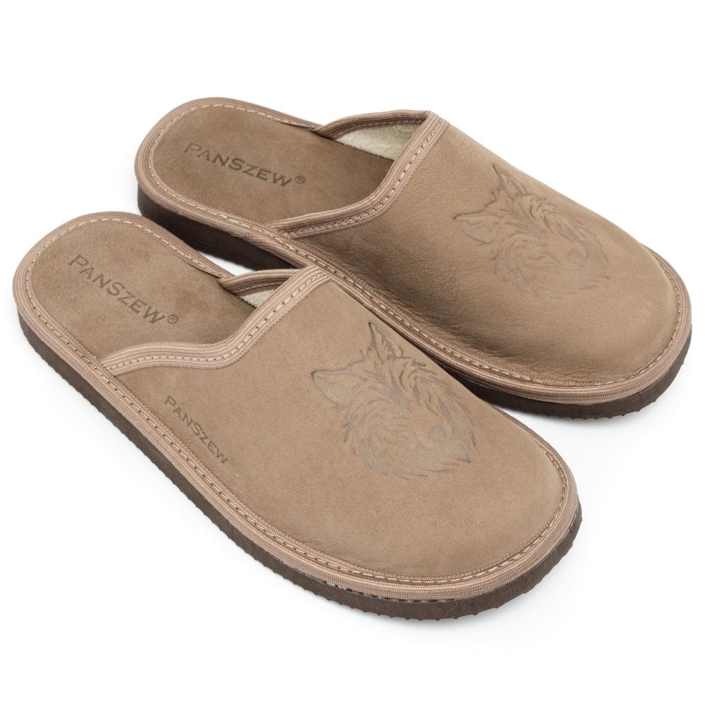 Kapcie Męskie Skórzane WILDLINE Taupe Tłoczony Wilk | PanSzew®