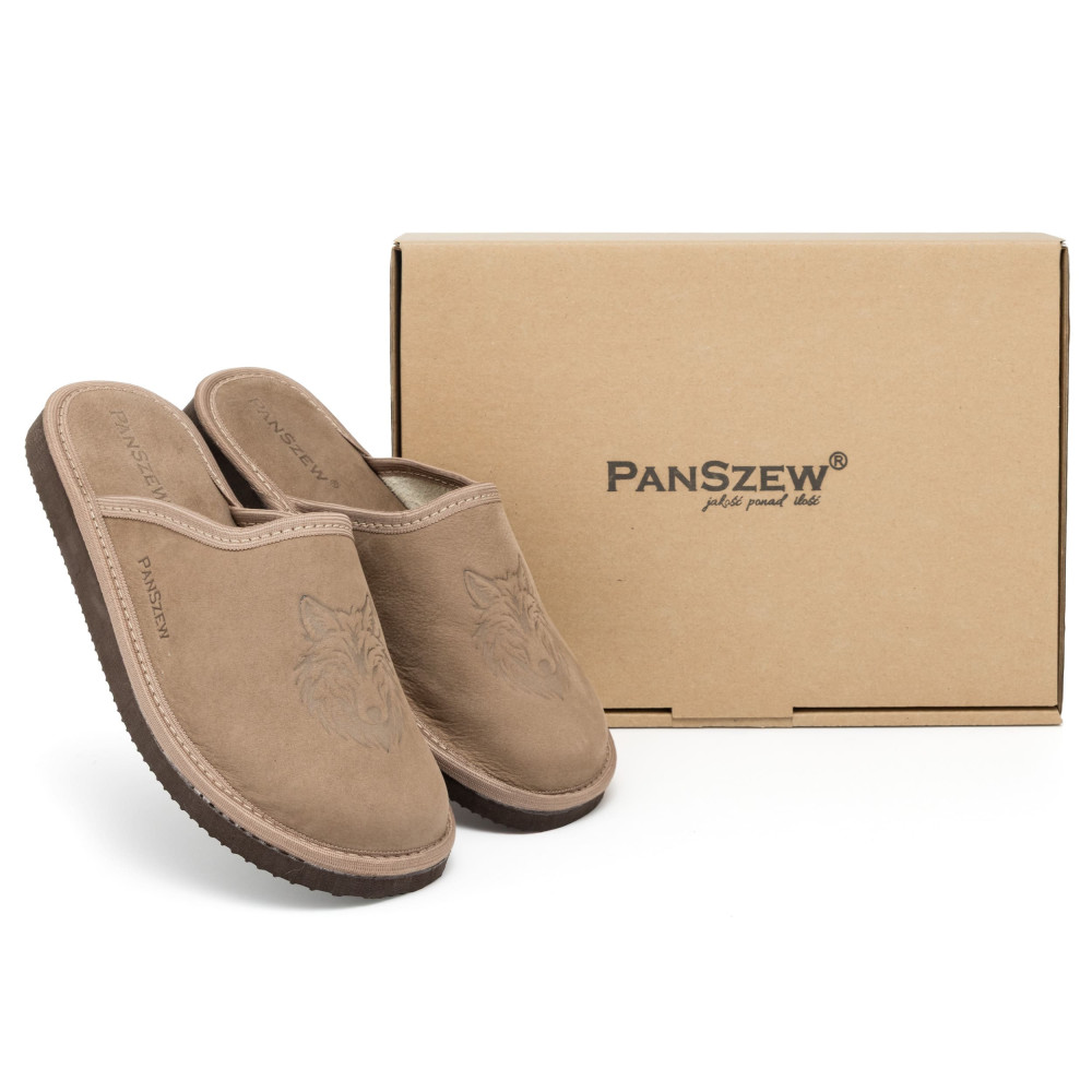 Kapcie Męskie Skórzane WILDLINE Taupe Tłoczony Wilk | PanSzew®