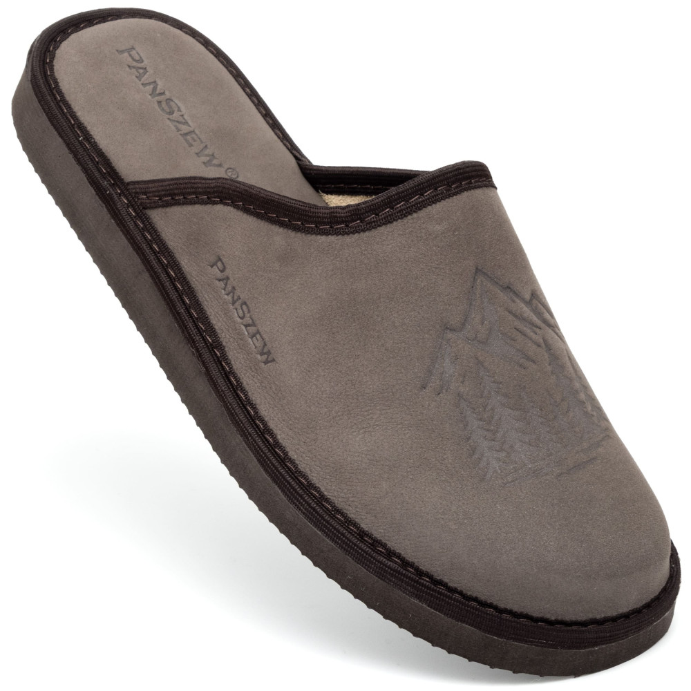 Kapcie Męskie Skórzane WILDLINE Mocha Tłoczone Góry | PanSzew®
