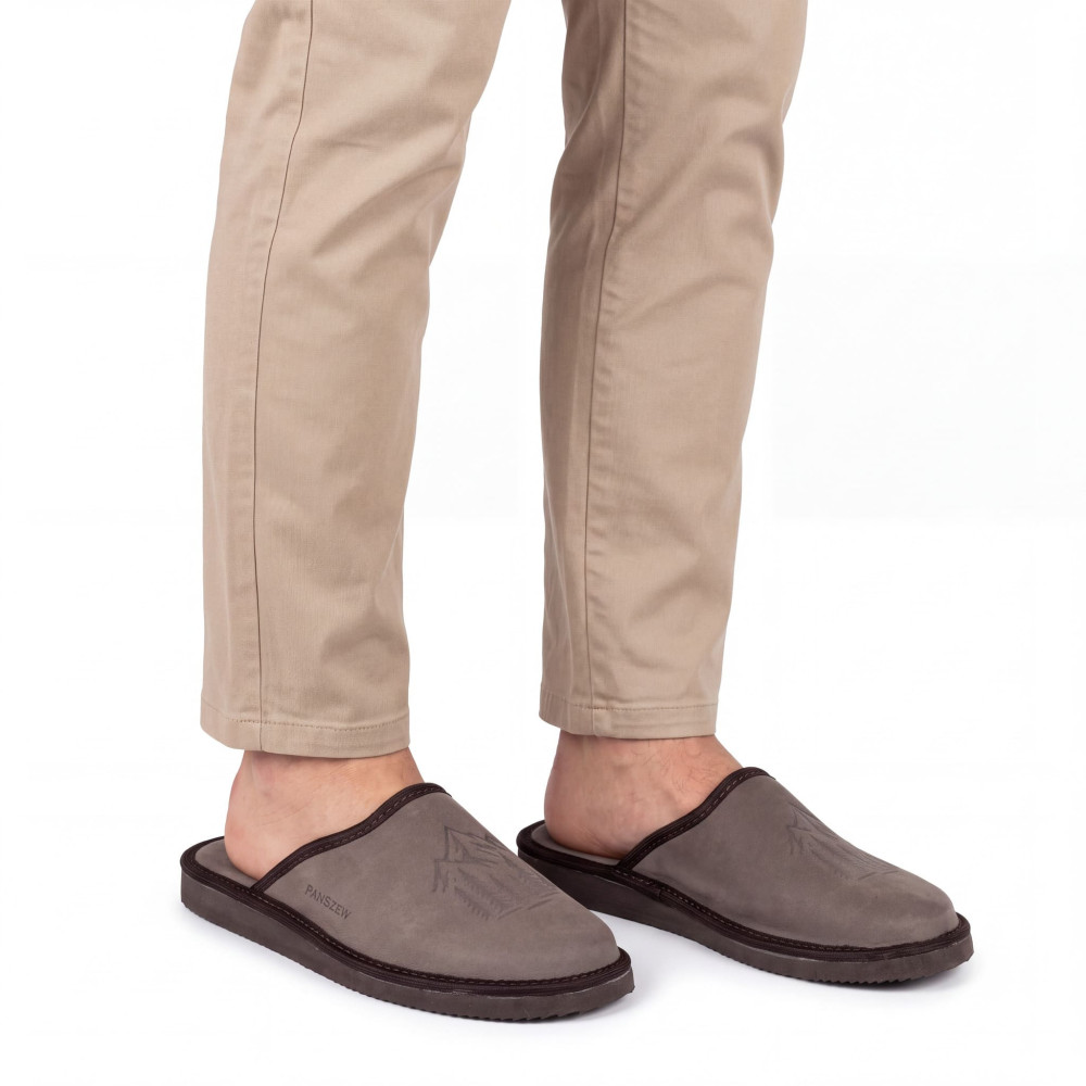 Kapcie Męskie Skórzane WILDLINE Mocha Tłoczone Góry | PanSzew®