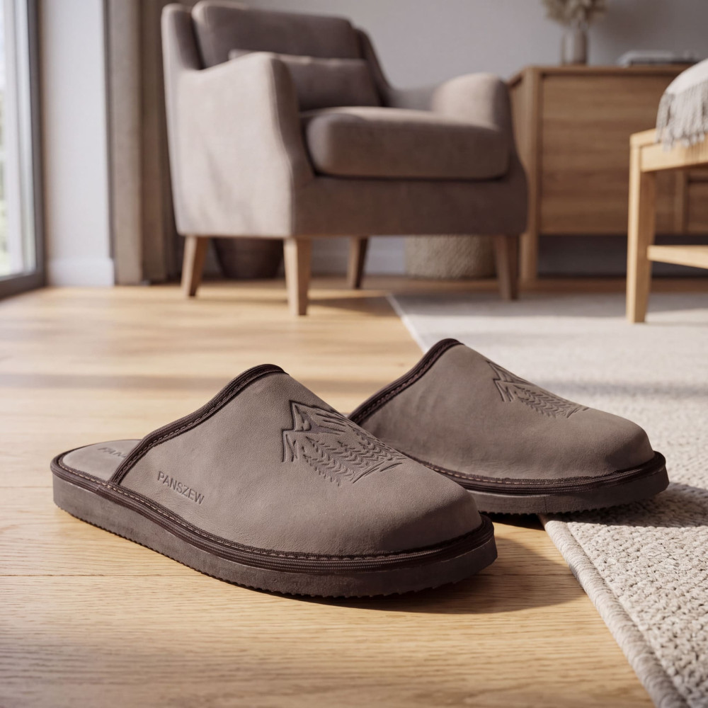 Kapcie Męskie Skórzane WILDLINE Mocha Tłoczone Góry | PanSzew®