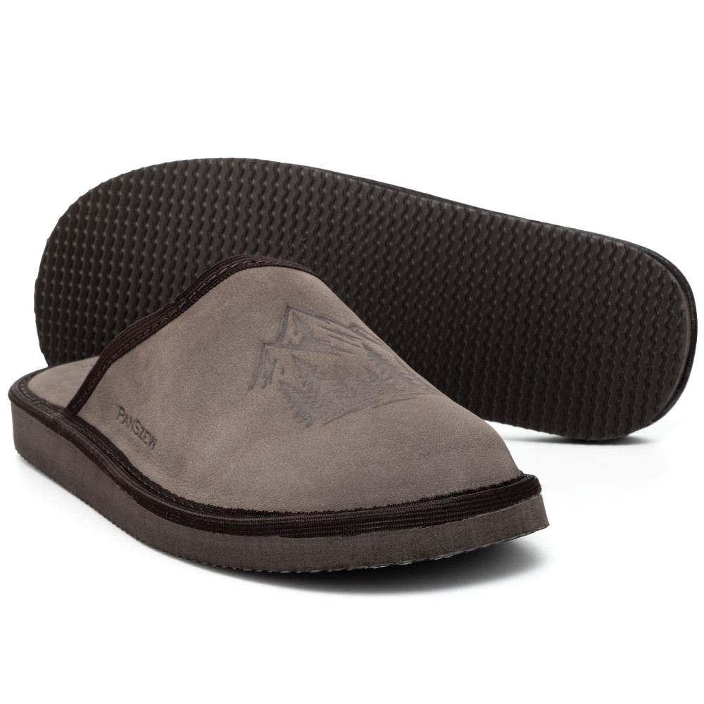 Kapcie Męskie Skórzane WILDLINE Mocha Tłoczone Góry | PanSzew®