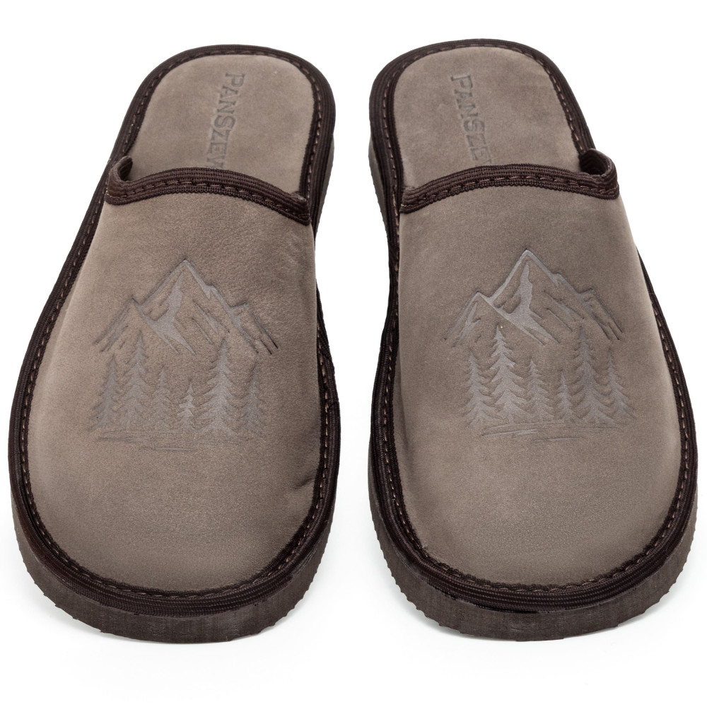Kapcie Męskie Skórzane WILDLINE Mocha Tłoczone Góry | PanSzew®