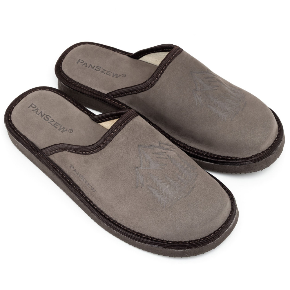 Kapcie Męskie Skórzane WILDLINE Mocha Tłoczone Góry | PanSzew®